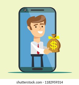 Young man from smartphone screen giving money bag, isolated on background. Bank service concept. Business Concept money to Business. Vector illustration flat design.