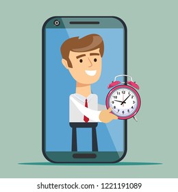 Young man from smartphone screen giving Alarm clock , isolated on background. time management. Business Concept . Give more time concept. Vector illustration flat design.