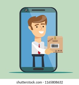Young man from smartphone screen sending cardboard box isolated on background, Delivery service concept. Vector illustration flat design. Shipping service.