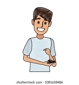 Young man with smartphone scribble