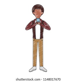 Young man with smartphone scribble faceless