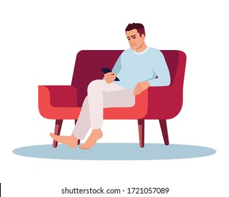 Young man with smartphone semi flat RGB color vector illustration. Sad caucasian guy sitting in chair isolated cartoon character on white background. Emotional stress, depression, gadget addiction