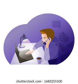 Young man with smartphone sitting at the desk indoors in home office. Boy is talking by cellphone and working, studing from home. Self quarantine activity. Distance education. Laptop and coffee.