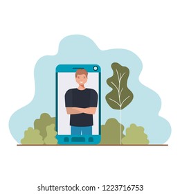 young man in smartphone with speech bubble