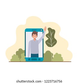 young man in smartphone with speech bubble