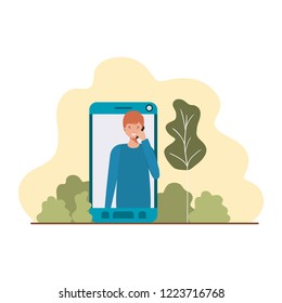 young man in smartphone with speech bubble
