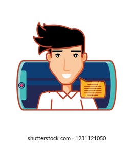 young man with smartphone and speech bubble