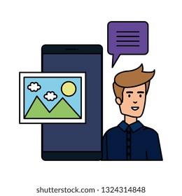 young man with smartphone and speech bubble