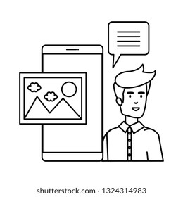 young man with smartphone and speech bubble