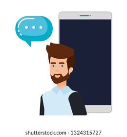 young man with smartphone and speech bubble