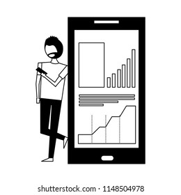 young man with smartphone of statistics graphic