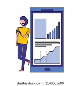 young man with smartphone of statistics graphic