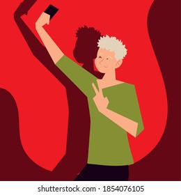 young man with smartphone taking selfie vector illustration