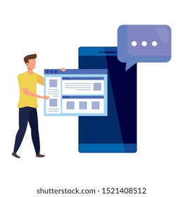 young man with smartphone and web page vector illustration design