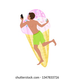 Young man with smatphone on ice cream shape air mattress swimming in a pool or sea water. Man on vacation - vector character isolated on white background, illustration in EPS 10 format