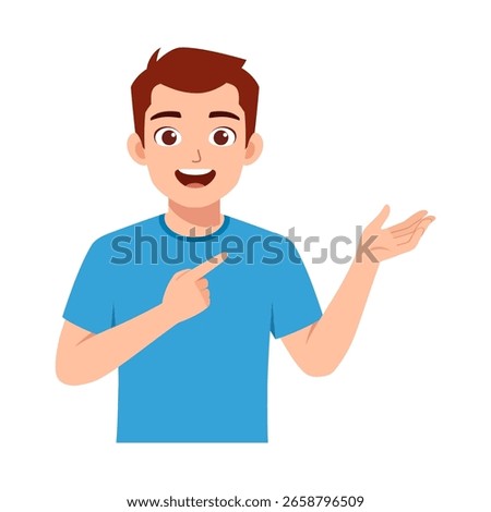 Young man with smile pointing his index finger showing or presenting something illustration art