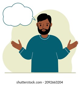 Un joven con una sonrisa piensa y pensamiento en blanco, burbuja del habla. Las manos están separadas. Coloca tu texto. Ilustración plana del vector