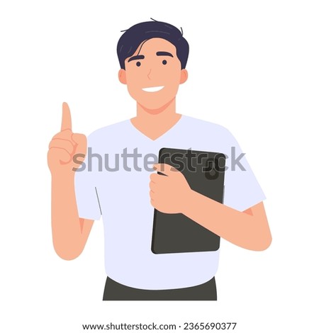 Young man smiled cheerfully and looks comfortable. with a thumbs up pointing to the copy area. The male teacher explains the topic and gives advice. vector character illustration. 