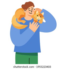 A young man smiles and holds a cat on his shoulders. A man with his pet. Flat vector illustration.
