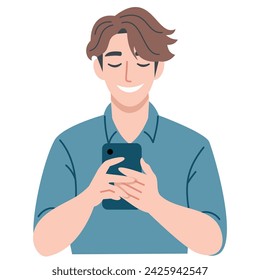 The young man smiles and looks up from his phone. Flat vector illustration, white background 