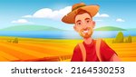 Young man smiles on background of river and agriculture fields. Vector cartoon illustration of autumn rural landscape with lake, grass and happy person with red hair, beard and hat