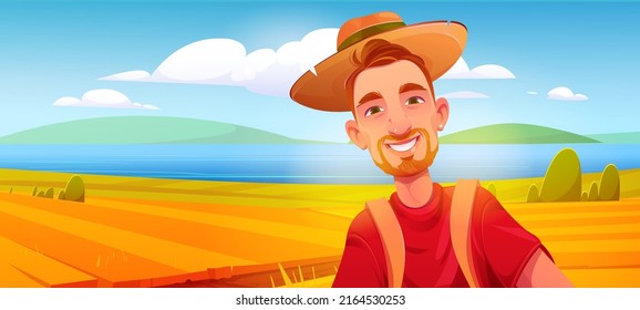 Young man smiles on background of river and agriculture fields. Vector cartoon illustration of autumn rural landscape with lake, grass and happy person with red hair, beard and hat