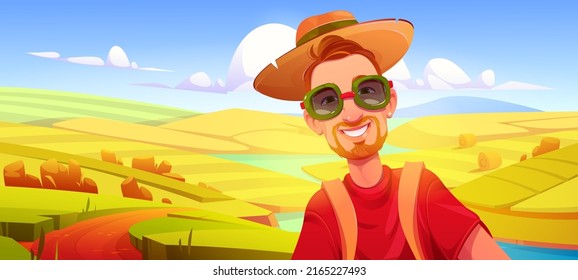 Young man smiles on background of river and agriculture fields. Vector cartoon illustration of autumn rural landscape with lake, grass and happy person with red hair, beard and hat