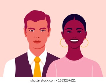 Young man and a smiling African woman. Couple. Two happy people. Family and work. Vector flat illustration