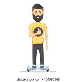 Young man smiling with beard on hoverboard. Self-balancing two wheeled electric Scooter battery-powered. Vector cartoon illustration isolated on white background for web design banner and print