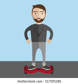 Young man smiling with beard on hoverboard. Self-balancing two wheeled electric Scooter battery-powered. Vector cartoon illustration.