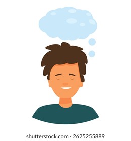 Young man is smiling and daydreaming with a thought bubble above his head