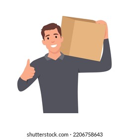Young man smiling delivery man in uniform holding a package box. Flat vector illustration isolated on white background - Powered by Shutterstock - Get 15% off with code: PIKWIZARD15