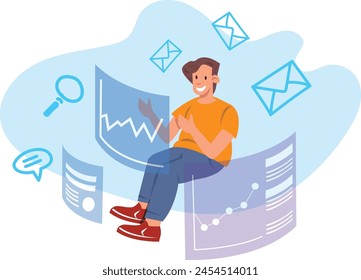 young man, smiling in digital world, surrounded with digital icons, mails, diagrams,