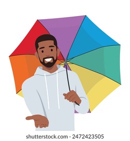 Young man smiling happily with friendly and offering umbrella concept. Flat vector illustration isolated on white background