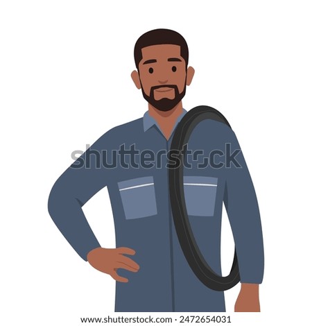 Young man smiling happily with a hand on hip and confident. Mechanic concept. Flat vector illustration isolated on white background