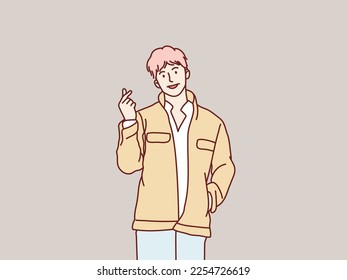 Young man smiling happy showing mini heart shaped love hands gesture simple korean style illustration