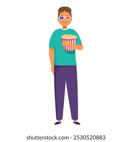 Young man is smiling and holding a bucket of popcorn while wearing 3d glasses