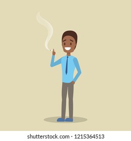 Young man smiling and holding cigarette and smoking. Tobacco additction and bad habit. Flat vector illustration
