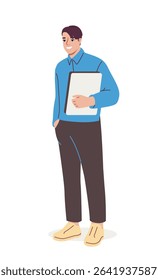 Young man smiling and holding a folder while standing, flat cartoon style, isolated on white background. Concept of office worker or student. Vector illustration