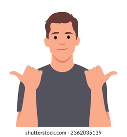 Joven sonriendo alegre y luciendo feliz, sintiéndose despreocupado y positivo con ambos pulgares hacia arriba. Ilustración plana vectorial aislada en fondo blanco