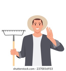 Young man smiling and looking friendly, showing number four. farmer concept. Flat vector illustration isolated on white background svg