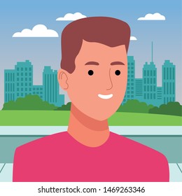 Young man smiling profile cartoon in the city urban scenery ,vector illustration graphic design.