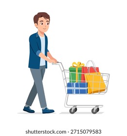 Jovem sorrindo empurrando um carrinho de compras cheio de caixas de presente coloridas e sacos de compras felizes
