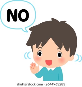 A young man smiling and saying "NO"
