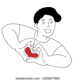 Joven sonriendo y mostrando el corazón con sus manos. Ilustración lineal del vector