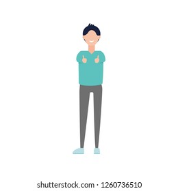 Young man smiling and showing thumbs up. Female character on white background. Flat design vector illustration.