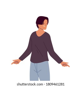 Joven sonriente parado con diseño de ilustración vectorial de manos abiertas