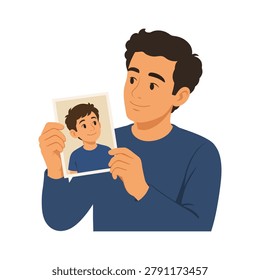 A young man smiling while holding a small picture of himself as a child, representing nostalgia, past memories, inner child, and growing up.