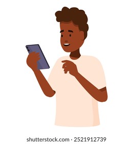 Young man is smiling while using his smartphone, possibly browsing social media or playing a game