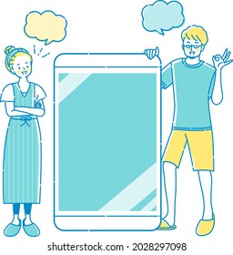 Young man and smiling woman explaining on smartphone
